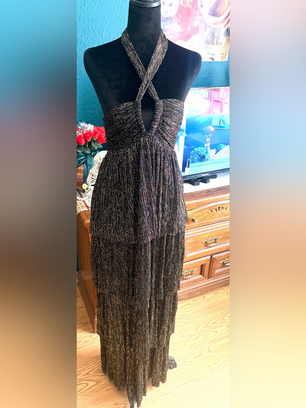 Sabina Musayev Black and Gold Metallic Dress